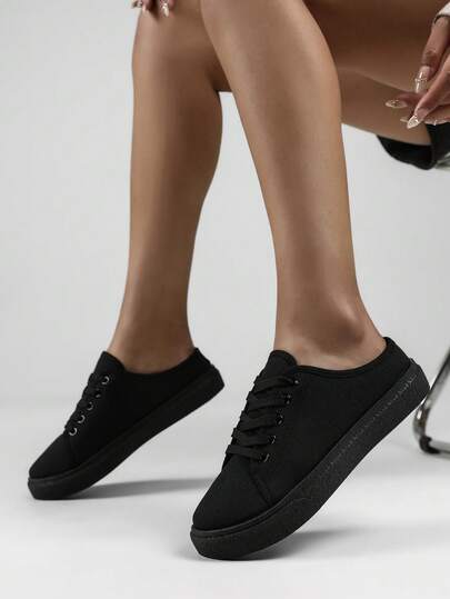 Zapatillas de lona sólida para mujer, plataforma de punta redonda a juego con cordones, transpirables y de slip-on, calzado femenino