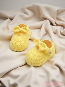 1 Pair Handmade Crochet Infant Shoes With Bow, Knitted Toddler Indoor Floor Socks - Yellow - View 10