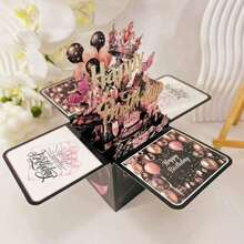 1 bộ Thiệp chúc mừng sinh nhật bằng giấy rỗng 3D thủ công, Thiệp trang trí tiệc sinh nhật sáng tạo, Hộp quà tặng bất ngờ cho ngày sinh nhật - Hồng Đen - Xem 4