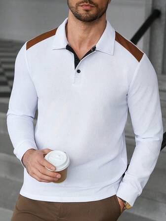 1 pieza Camisa polo de manga larga con cuello de botón, textura de waffle, parches de color contrastante, adecuada para ocasiones casuales y de negocios ligeros en primavera/otoño