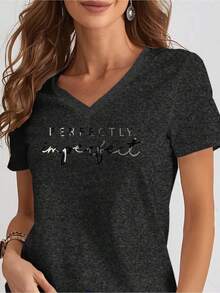 Women's V-Neck Short Sleeve T-Shirt - "Perfectly Imperfect" Back Print, Loose Casual Top, Light Gray And Black Letter Design, All-Season Comfortable, Machine Washable For Daily Wear - 深灰色 - 查看 6