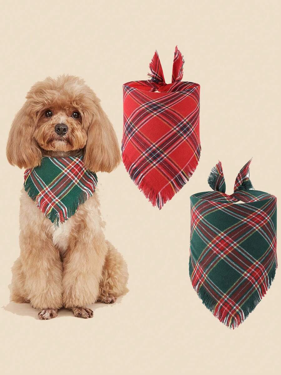 Plaid & Striped Pet Bandana With Tassels - Triangle Scarf For Dogs & Cats | Drool Bib - Multicolor - View 1