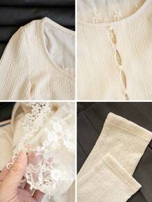 蕾丝拼布二合一短款修身镂空设计上衣 - 杏色 - 查看 7