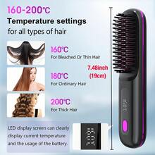 Wireless Straightening Brush, Portable Negative Ion Hair Care, LCD Display Anti-Scald Design, Ceramic Heating 3 Temperature Settings 160°C/180°C/200°C, USB Rechargeable 2000mAh Battery, Travel & Home Hair Styling Essential - White - View 5