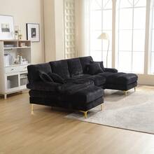 Sofá de sala de estar, sofá esquinero en forma de U de 4 plazas con sillón, tela de chenilla, estructura de madera, patas de metal dorado, para apartamento de sala de estar - Negro - Ver 1