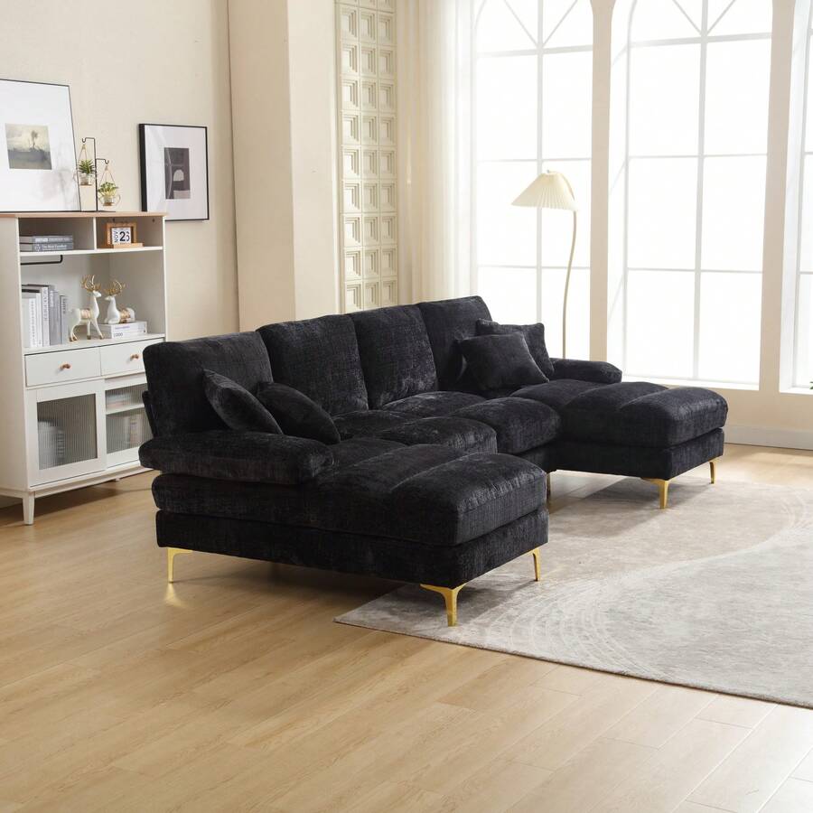 Sofá de sala de estar, sofá esquinero en forma de U de 4 plazas con sillón, tela de chenilla, estructura de madera, patas de metal dorado, para apartamento de sala de estar - Negro - Ver 1