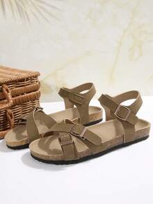 Teenagers' Summer Soft Cork Bottom Stable Foot Protection Roman Sandals, Teenagers' Sandals Retro Buckle Design Khaki Faux Suede Round Toe Criss-Cross Strap Teenagers' Flat Sandals, Casual Versatile Suitable For Daily Casual, Beach, Holiday Wear - Khaki - View 3