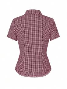 Y2K Preppy Style Women's Cotton Fitted Collared Short Sleeve Shirt, Button Closure, Purple Plaid Schoolgirl Blouse, Summer, Valentine's Day - Red Violet - View 4