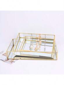 1pc Rectangular Glass Tray, Cosmetic & Jewelry Display Plate, Gold