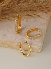 3pcs Minimalist Gold U-Shaped Earrings, Cubic Zirconia Copper Earrings - Yellow Gold - View 2