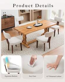 Juego de 2 sillas de comedor modernas de tela para cocina, sillas auxiliares tapizadas, respaldo curvo, estructura de madera noble, patas de madera y tachuelas, silla de comedor sin brazos (beige) - Beis - Ver 4