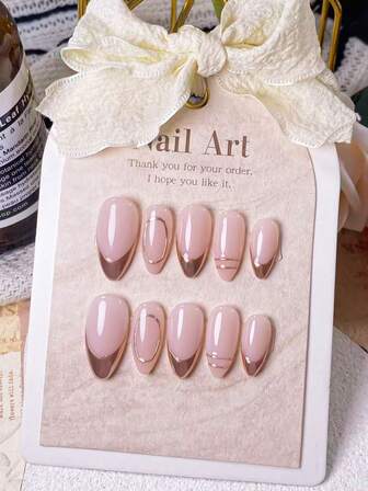 10 Pieces Of Handmade Almond Nail Art Pieces In Rose Gold With Pointed Tips, French Manicure Style, Metallic Magic Mirror Powder Lines, Coils. Simple, Stylish, Luxurious, High-End Feel. Suitable For Girls And Women, Easy To Pair With Outfits. Can Be Quickly Worn And Removed/Pressed On Nails.