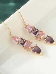 Elegant Minimalist Geometric Pendant Earrings, Paired With Purple Synthetic Cubic Zirconia, Teardrop Earrings, Romantic & Elegant Jewelry For Women On Holidays And Formal Occasions - Gold - View 8