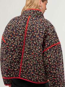 Women's Quilted Lightweight Open Front Jacket - Retro Casual | Floral Print, Contrast Trim Detail, Puff Sleeves, Patch Pockets, Relaxed Fit - Spring & Early Winter Stylish Wear - Black - View 4