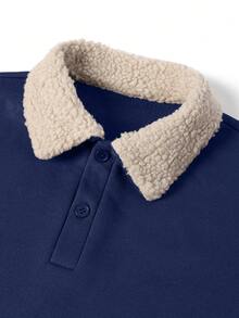 Men's Fashionable Versatile Patchwork Sherpa Collar Sweatshirt, Autumn/Winter - Navy Blue - View 4