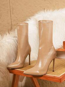 性感时尚尖头细高跟卡其色中筒靴，女士秋冬款，高跟鞋 - 卡其色 - 查看 7