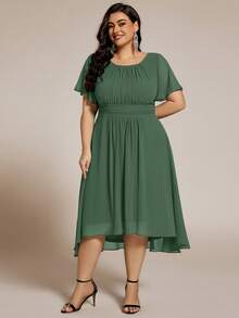 Robe de demoiselle d'honneur verte en mousseline de soie à encolure ronde, manches courtes, ourlet asymétrique, coupe oversize, taille haute, convient pour les invités de mariage au printemps - Vert - Voir 7