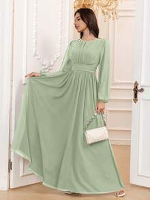 Volly Toych Celadon Autumn Outfits Women Elegant A-Line Scoop Long Sleeve Floor-Length Chiffon Formal Bridesmaid Dress,Wedding Guest Dress,Sleeves Without Lining - 青瓷 - 查看 4
