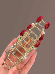 1pc Lady's Alloy Rhinestone Tassel Butterfly & Rose Hair Claw Clip Suitable For Daily Dressing Elegant Valentine's Day Valentines Hair Clips Hair Jaw Clip Hair Clamps Hair Clutch Hair Catcher Clip Fall Winter Hair Accessories For Women For Vacation Outfits Woman Flower Hair Clip Valentines Gift Summer - Gold - View 2