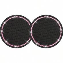 Yousheng 2PCS Bling Car Cup Coaster Universal Holder Insert Rhinestone Anti Slip Silicone Accories Suitable For Most Interior Best Gift Women Black And Pink - Đen và Hồng - Xem 1