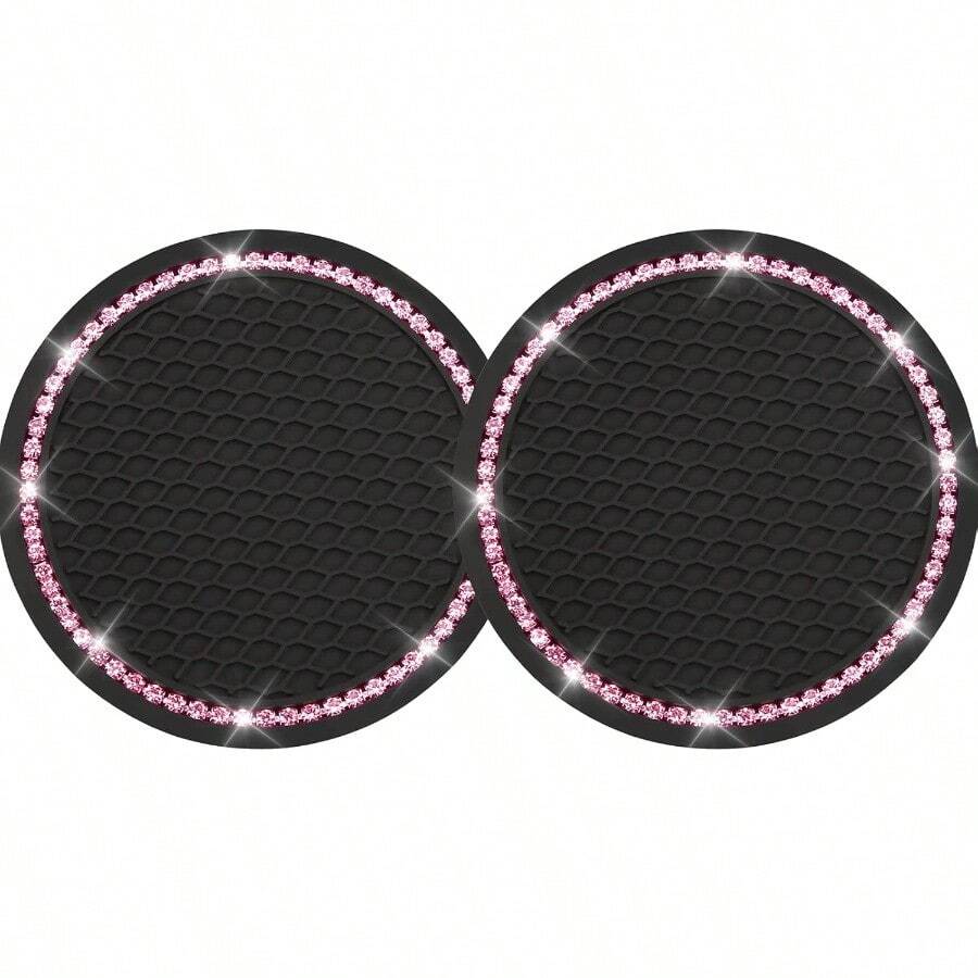 Yousheng 2PCS Bling Car Cup Coaster Universal Holder Insert Rhinestone Anti Slip Silicone Accories Suitable For Most Interior Best Gift Women Black And Pink - Đen và Hồng - Xem 1