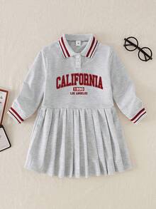 Toddler Girls' Casual School Sports Style Letter Print Contrast Striped Ruffle Collar Pleated Dress, Autumn/Spring & Winter