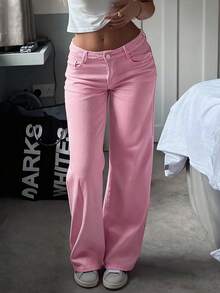 Women's Mid Rise Pink Wide Leg Jeans Loose Straight Sweet Girl Basic Casual Daily Fashion Bottoms Spring - Pink - View 2