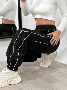 1 条青少年女孩时尚休闲户外运动松紧腰裤，春秋季 - 黑色 - 查看 3