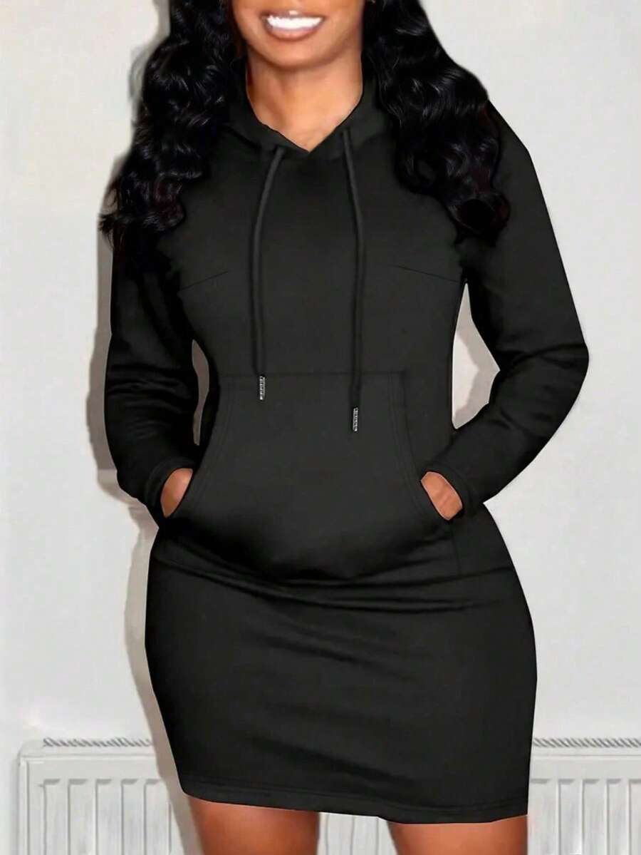 Kangaroo Pocket Drawstring Hooded Bodycon Dress,Long Sleeve Tops - Black - View 1