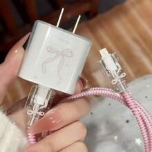 粉色蝴蝶结苹果15W充电线保护套，兼容20W，适用于 14，防摔，13英寸充电器头保护套 - 粉紅色蝴蝶結 - 查看 7