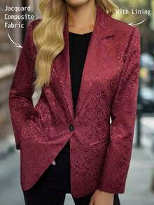 Damen elegante Blazer Jacke mit Blumen Jacquard-Muster, Fake-Taschen und Einreiher-Revers, geeignet für den täglichen Gebrauch und Veranstaltungen, Frühling/Herbst - Bordeaux - Übersicht 1