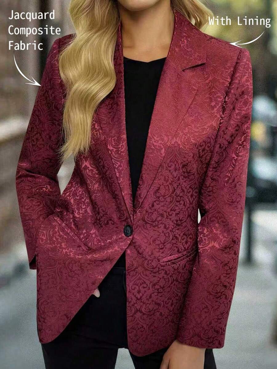 Damen elegante Blazer Jacke mit Blumen Jacquard-Muster, Fake-Taschen und Einreiher-Revers, geeignet für den täglichen Gebrauch und Veranstaltungen, Frühling/Herbst - Bordeaux - Übersicht 1