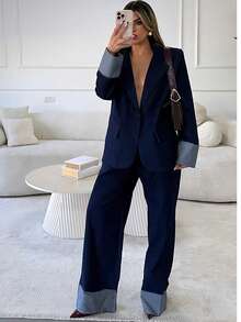 Bộ đồ công sở nữ thanh lịch, màu trơn phối tương phản, cài một nút giả có túi, thích hợp cho đi làm, mùa tựu trường/tốt nghiệp, công sở, trang phục thường ngày mùa xuân. - Màu xanh hải quân - Xem 7