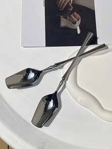 1pc Mirror-Shaped Silver Stainless Steel Ultra-Simple And Light Luxury Spoon: Diamond-Shaped Spoon Head Is Decorated With Bead Shank, Which Is An Elegant Dining Device Suitable For Festive Family Banquets - Silver - View 3