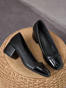 Black Patent Two-Tone Square Toe Block Heel Pumps – 5cm - Black - View 2