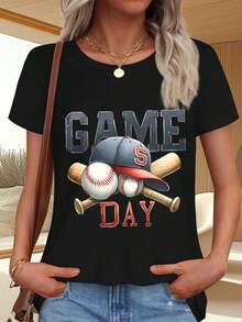 Baseball Print T-Shirt With Game Day Text - 黑色 - 查看 6