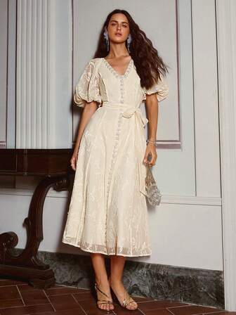 Women's Summer New Elegant Embroidered V-Neck Decorative Button Long Dress, Suitable For Wedding Guest, Party, Graduation, 4th Of July, Birthday