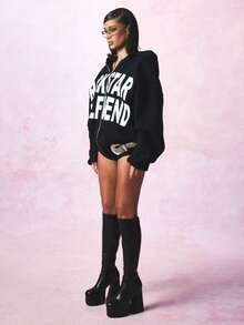 Rockstar Girlfriend Full-Zip Cropped Hoodie Edgy Streetwear Y2K Aesthetic Statement Sweatshirt Fashion Oversized Rhinestone Embellished Hood Fall Winter - 黑色 - 查看 4