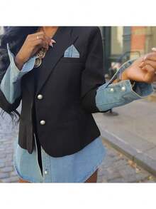 New Fashion Casual Women's Clothing Spliced Denim Blazer - Black - View 2