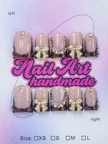10片/套 手工制作Y2K鸭嘴美甲贴片，裸色，法式边缘，雕刻图案，星星，爱心，蝴蝶，水钻装饰，适合女性和女孩，派对，日常佩戴，附赠工具包，精美礼品 美甲用品 手工按压式美甲贴片 - 鏽棕色 - 查看 1