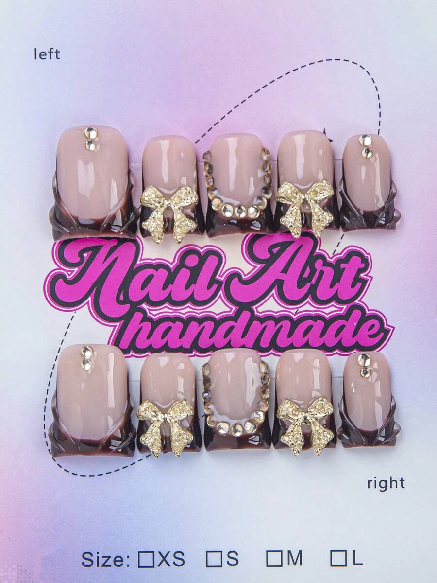 10片/套 手工制作Y2K鸭嘴美甲贴片，裸色，法式边缘，雕刻图案，星星，爱心，蝴蝶，水钻装饰，适合女性和女孩，派对，日常佩戴，附赠工具包，精美礼品 美甲用品 手工按压式美甲贴片 - 鏽棕色 - 查看 1