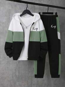 Boys' Letter Print Patchwork Jacket And Sweatpants Set