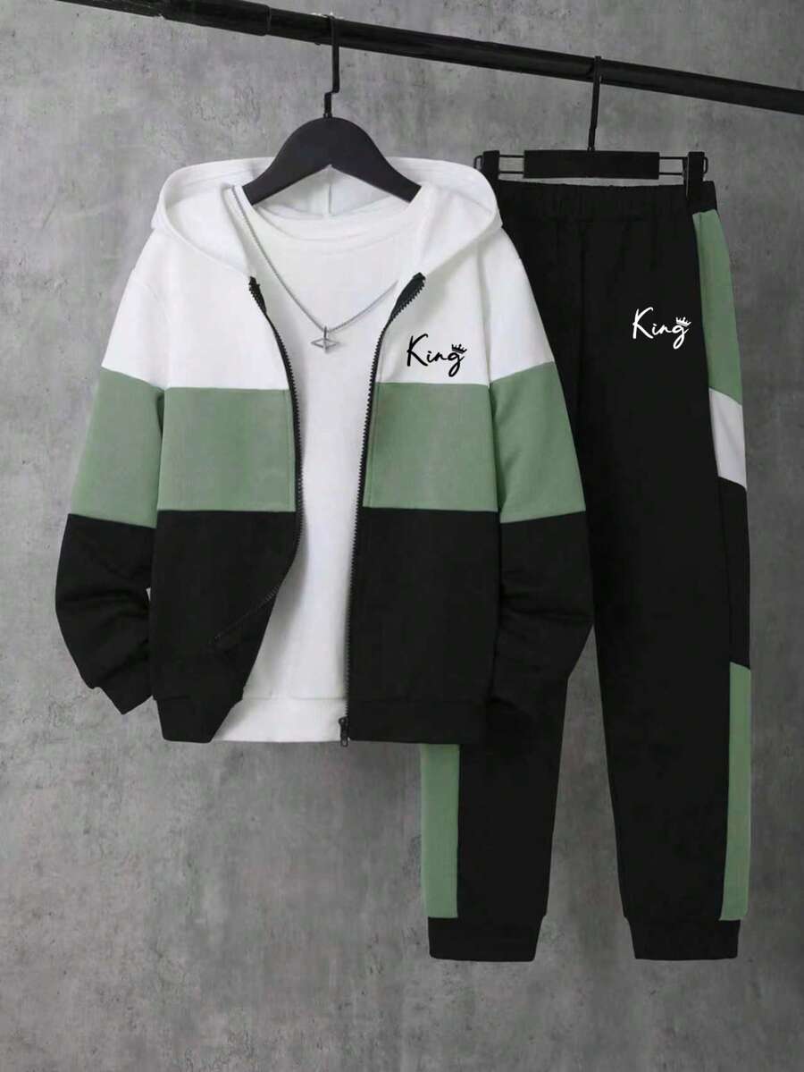 Boys' Letter Print Patchwork Jacket And Sweatpants Set