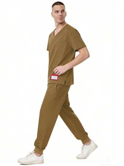 cimmuovere Men's Zip V-Neck Short Sleeve Multi-Pocket Top And Solid Scrubs Pants, Medical/Nursing/Healthcare/Dental/Veterinary/Laboratory Uniform Set