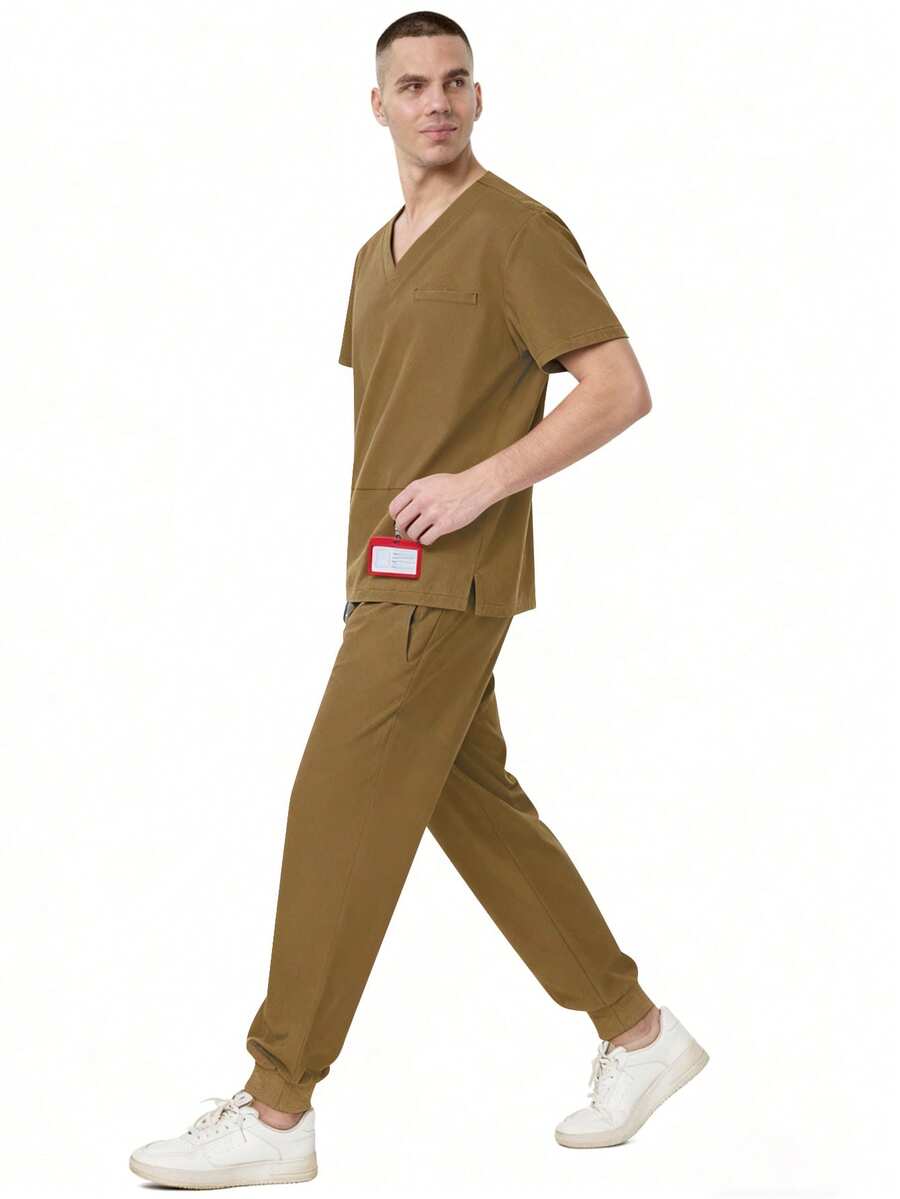 cimmuovere Men's Zip V-Neck Short Sleeve Multi-Pocket Top And Solid Scrubs Pants, Medical/Nursing/Healthcare/Dental/Veterinary/Laboratory Uniform Set
