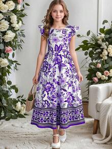 Kilottor Tween Girls' Bohemian Style Floral Print Cap Sleeve Flying Dress For Holiday - Purple - View 1