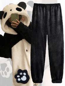 1 Pc Cute Panda Hooded Coral Fleece Jumpsuit For Women, Cozy Winter New Home Wear, Soft & Warm, Long Sleeve Bodysuit With Panda Design, Perfect For Spring & Winter, Warm Cartoon Panda Ears Hooded Sleepwear, Sweet Home Clothes Pyjamas, Suitable For New Year, Valentine's Day, Valentine's Day Gift, Gift For Women