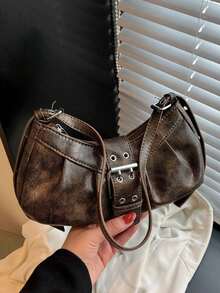 1pc Women's Vintage Biker Punk Style Rivet Decor Adjustable Strap Large Capacity Soft Faux Oiled Gradient Leather Shoulder/Underarm Bag, Suitable For Work, Commute, Date, Party - Rust Brown - View 3