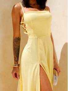 Gabi Dress With Shiny Tulle And Crossed Side Detail - Yellow - View 2