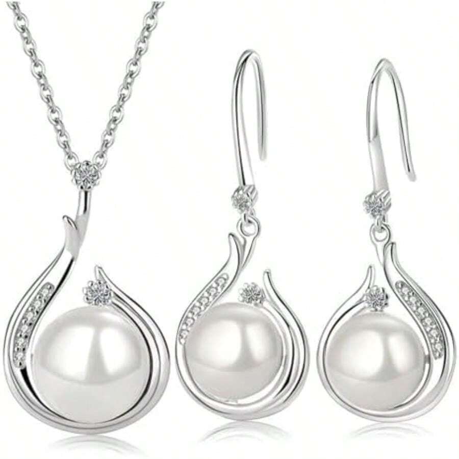 Juego de Joyería de Perlas para Mujer, Collar con Colgante Delicado de Perla, Aretes colgantes de perla, Regalo de joyería para Navidad, Cumpleaños, San Valentín, Día de las Madres para Novia Esposa, mamá(default) - Multicolor - Ver 1